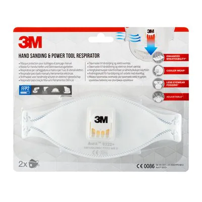 3M™ Aura™ Maske für Hand- und Maschinenschleifen 9322+, FFP2, mit Ventil, 2 pro Packung